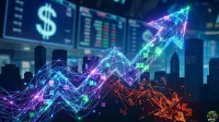 A vibrant digital graphic depicting a glowing, upward-trending stock market graph over a dark cityscape silhouette. The graph is composed of interconnected blue, purple, and green lines and small square data points, forming a large arrow pointing upwards. Below the graph, fragmented orange dollar signs are breaking apart, dissolving into the lower right corner. In the blurred background, financial data screens display a prominent dollar sign and stock tickers.