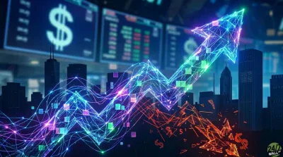 A vibrant digital graphic depicting a glowing, upward-trending stock market graph over a dark cityscape silhouette. The graph is composed of interconnected blue, purple, and green lines and small square data points, forming a large arrow pointing upwards. Below the graph, fragmented orange dollar signs are breaking apart, dissolving into the lower right corner. In the blurred background, financial data screens display a prominent dollar sign and stock tickers.