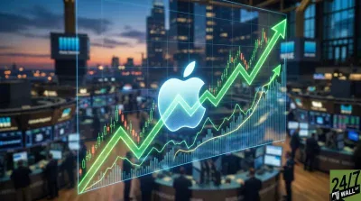 A digitally enhanced image features a glowing blue holographic stock chart with an Apple logo, green upward-pointing arrows, and red and green candlesticks, superimposed over a softly blurred, bustling stock exchange floor at twilight. The 24/7 WALL ST logo is in the bottom right.