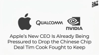A white background features the black Apple logo on the left, the black Qualcomm logo in the center, and the black NVIDIA logo with its distinctive eye-like graphic on the right. Below the logos, the text reads: 'Apple's New CEO Is Already Being Pressured to Drop the Chinese Chip Deal Tim Cook Fought to Keep'. In the top right corner, a smaller logo for '24/7 WALL ST.' is visible.