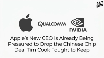 A white background features the black Apple logo on the left, the black Qualcomm logo in the center, and the black NVIDIA logo with its distinctive eye-like graphic on the right. Below the logos, the text reads: 'Apple's New CEO Is Already Being Pressured to Drop the Chinese Chip Deal Tim Cook Fought to Keep'. In the top right corner, a smaller logo for '24/7 WALL ST.' is visible.