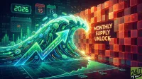 A high-tech digital illustration features a glowing green and blue wave of cryptocurrency symbols, including Bitcoin and Arbitrum logos, with a prominent upward arrow labeled 'ARBITRUM RALLY' on a dark, circuit-board-like background. To the right, a wall of glowing orange and red transparent cubes is partially breaking apart with sparks, labeled 'MONTHLY SUPPLY UNLOCK'. Calendars display 'OCT 15' and '2026', and a line graph at the bottom shows an upward trend from 'JUNE 2026' to 'OCT 2026'. The overall mood is dynamic and forward-moving, depicting financial market activity.