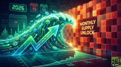 A high-tech digital illustration features a glowing green and blue wave of cryptocurrency symbols, including Bitcoin and Arbitrum logos, with a prominent upward arrow labeled 'ARBITRUM RALLY' on a dark, circuit-board-like background. To the right, a wall of glowing orange and red transparent cubes is partially breaking apart with sparks, labeled 'MONTHLY SUPPLY UNLOCK'. Calendars display 'OCT 15' and '2026', and a line graph at the bottom shows an upward trend from 'JUNE 2026' to 'OCT 2026'. The overall mood is dynamic and forward-moving, depicting financial market activity.