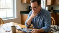 A middle-aged man with short brown hair and glasses, wearing a blue button-down shirt, sits at a light wooden kitchen table. He is focused intently on a digital tablet he holds in his hands, which displays a news headline about 'NATIONAL DEBT PASSES' and '$5,000 CHECKS'. His left hand is resting under his chin, indicating thoughtfulness. A white coffee mug and a stack of papers are also on the table. In the background, a large window with white frames shows a bright, somewhat blurred outdoor scene, and a kitchen area with wooden cabinets and a dark green countertop is visible.