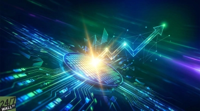 A vibrant, futuristic digital graphic features a glowing blue and green semiconductor wafer at the center, radiating bright light. Intricate circuit board lines and abstract data streams in blue and green hues surround the wafer. To the upper right, an interconnected, luminous blue-green arrow points sharply upwards, symbolizing growth. The background is a dark gradient of green and blue, with streaks of light, and the '24/7 WALL ST' logo is visible in the bottom left corner.