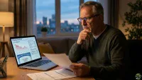 A man with glasses and a beard sits at a wooden desk, looking intently at documents in his hands. A laptop on the desk displays a graph showing a downward trend for a 'Corporate Bond Fund' and a 'SOCIAL SECURITY' statement. The room is dimly lit, with a city skyline visible through a window in the background. A desk lamp and a pen holder are visible on the left.