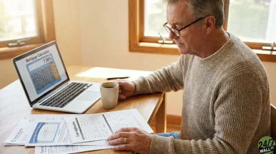 A senior man in glasses and a beige ribbed sweater sits at a wooden table, looking down at a stack of papers, including 'Social Security' forms and a 'Loan Application'. To his left, an open silver laptop shows a 'Mortgage Calculator' application with '7.00%' displayed on its screen. He holds a white coffee mug in his right hand. Natural light streams in from a window in the background.