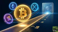 A futuristic digital illustration shows glowing cryptocurrency coins: a large gold Bitcoin, a blue Ethereum, a purple Solana, and a light blue XRP. They are arranged along a luminous golden path marked with '10 Years' increments. The path extends into the distance, ending at a translucent, glowing digital safe, all set against a dark blue background.