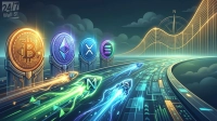 An illustrative image showing four large cryptocurrency coins – Bitcoin (gold), Ethereum (purple), XRP (blue), and Solana (teal/purple) – on futuristic pedestals. In front of them, three glowing, rocket-like vehicles representing other cryptocurrencies, including NEAR Protocol, race along a futuristic digital highway. A vibrant golden line graph ascends in the background with a compass, all set against a dark, cloudy sky.