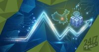 A digital financial illustration featuring a glowing upward-trending graph line, server towers, an AI brain icon, and a map of China.