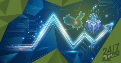 A digital financial illustration featuring a glowing upward-trending graph line, server towers, an AI brain icon, and a map of China.