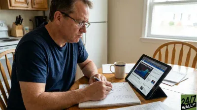 A middle-aged man with glasses and a dark blue t-shirt sits at a wooden table, intently writing in a spiral notebook with a pen. To his right, a white mug with blue stripes sits next to a tablet displaying a financial news website with stock charts and headlines about 'Big Tech AI' and 'depreciation'. A kitchen area with light wood cabinets and a white refrigerator is visible in the background, along with a window showing an outdoor scene.