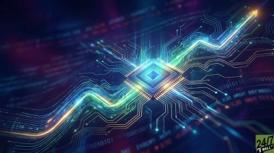 A vibrant, futuristic digital illustration of a computer chip (CPU) at the center of a glowing circuit board. Bright blue and green lines representing data flow and connections extend from the chip, forming an upward-sloping, glowing arrow that signifies growth. The background features blurred binary code and stock market data, all rendered in shades of blue, green, and orange against a dark background, creating a dynamic and technological atmosphere.
