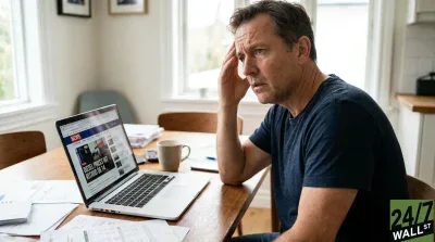 A middle-aged man with short brown hair, wearing a dark blue t-shirt, sits at a wooden table with his hand on his forehead, looking distressed. An open silver laptop in front of him displays a news website with the headline 'DIESEL PRICES HIT RECORD $8.14'. Various papers, a beige coffee mug, a smartphone, and a blue pen are scattered on the table. A window with natural light is visible in the background.