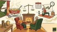 A colorful illustration showing a senior couple by a fire, with Campbell's soup on one side and Lululemon yoga gear on the other, representing a stock market comparison.