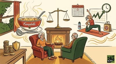 A colorful illustration showing a senior couple by a fire, with Campbell's soup on one side and Lululemon yoga gear on the other, representing a stock market comparison.