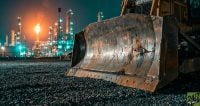 This composition bridges the two sectors by placing a sharp industrial subject in the foreground with the energy sector in the background. It creates a narrative of the industrial-energy nexus without using a literal, flat split-screen, maintaining a single point of focus.