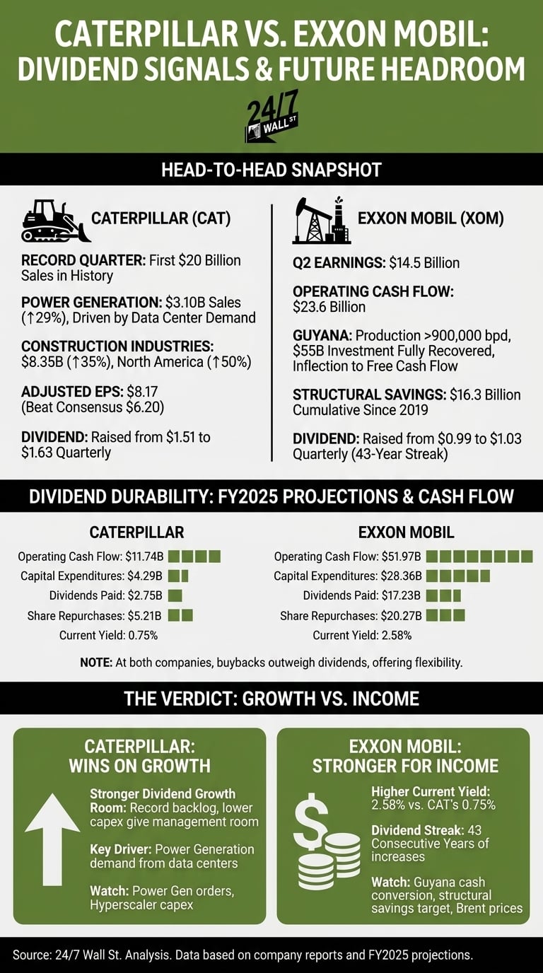 A financial infographic comparing Caterpillar and Exxon Mobil's dividend durability, featuring bar charts and detailed icons for construction and oil production.