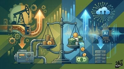 An artistic graphic showing an oil rig on the left and an AI chip on the right, with a large balance scale in the middle weighing money.