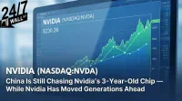 A close-up shot of a digital screen displaying NVIDIA's (NASDAQ:NVDA) stock chart. The graph features prominent green and blue lines trending upwards, with the current stock price of $230.36 highlighted in green. The '24/7 Wall St.' logo is visible in the upper left corner against a blurred background.