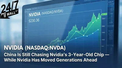 A close-up shot of a digital screen displaying NVIDIA's (NASDAQ:NVDA) stock chart. The graph features prominent green and blue lines trending upwards, with the current stock price of $230.36 highlighted in green. The '24/7 Wall St.' logo is visible in the upper left corner against a blurred background.