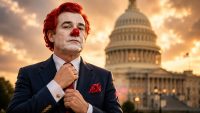 Satirical editorial illustration of a politician in a suit with clown face makeup gesturing emphatically at a press conference podium in front of the US Capitol