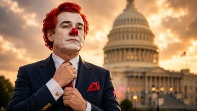 Satirical editorial illustration of a politician in a suit with clown face makeup gesturing emphatically at a press conference podium in front of the US Capitol