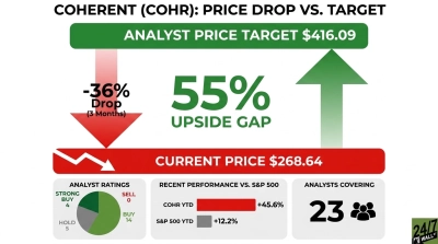 An infographic titled 'COHERENT (COHR): PRICE DROP VS. TARGET' displays financial data. A green banner at the top shows 'ANALYST PRICE TARGET $416.09'. A large red arrow points downwards from the target price, labeled '-36% Drop (3 Months)'. A red banner at the bottom indicates 'CURRENT PRICE $268.64'. A large green arrow points upwards from the current price to the target, labeled '55% UPSIDE GAP'. Below are three data panels: 'ANALYST RATINGS' with a pie chart showing Strong Buy (4), Buy (14), Hold (5), and Sell (0); 'RECENT PERFORMANCE VS. S&P 500' with bar charts for COHR YTD (+45.6%) and S&P 500 YTD (+12.2%); and 'ANALYSTS COVERING' showing the number '23' with two stylized person icons.