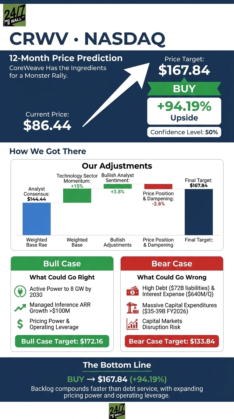 An infographic titled 'CRWV • NASDAQ 12-Month Price Prediction' with a dark blue background and white text. It displays a current price of $86.44 and a price target of $167.84, with a green 'BUY' label and '+94.19% Upside' indicated by a large white upward arrow. The confidence level is 50%. Below, a section 'How We Got There' shows a bar chart detailing price adjustments: Analyst Consensus $144.44, Technology Sector Momentum +15%, Bullish Analyst Sentiment +3.8%, Price Position & Dampening -2.6%, leading to a Final Target of $167.84. Two boxes labeled 'Bull Case' (green) and 'Bear Case' (red) list potential factors. The Bull Case includes 'Active Power to 8 GW by 2030', 'Managed Inference ARR Growth >$100M', 'Pricing Power & Operating Leverage', with a target of $172.16. The Bear Case lists 'High Debt ($72B liabilities) & Interest Expense ($640M/Q)', 'Massive Capital Expenditures ($35-39B FY2026)', 'Capital Markets Disruption Risk', with a target of $133.84. The 'The Bottom Line' section reiterates 'BUY -> $167.84 (+94.19%)' and a summary about backlog growth and operating leverage.