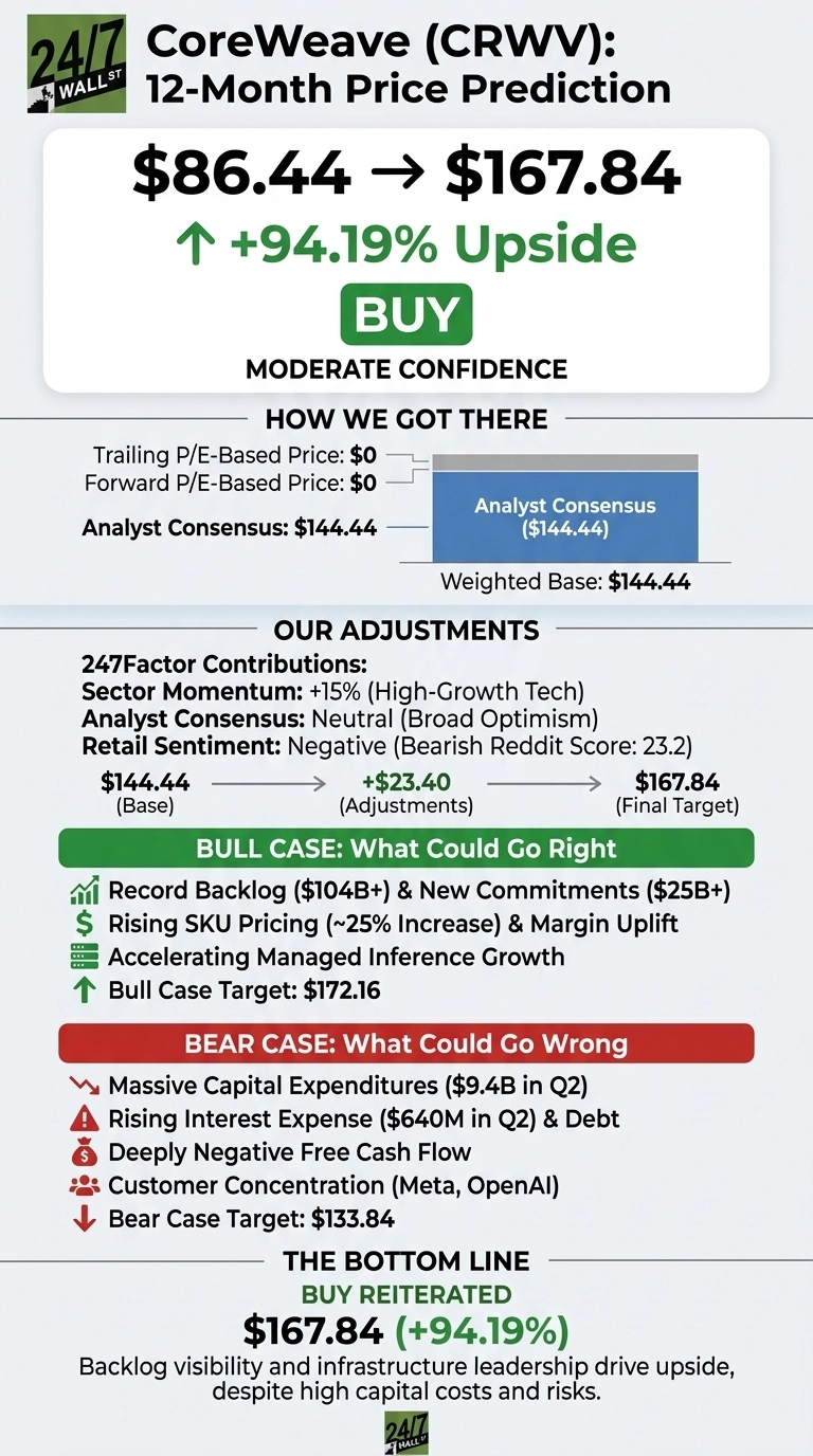 An infographic titled 'CoreWeave (CRWV): 12-Month Price Prediction' shows a price increase from $86.44 to a target of $167.84, representing a +94.19% Upside. The recommendation is 'BUY' with 'MODERATE CONFIDENCE'. The 'HOW WE GOT THERE' section lists Trailing P/E-Based Price: $0, Forward P/E-Based Price: $0, and Analyst Consensus: $144.44, leading to a Weighted Base of $144.44. 'OUR ADJUSTMENTS' detail a base of $144.44, plus $23.40 in adjustments, resulting in a Final Target of $167.84. 247Factor Contributions include Sector Momentum: +15% (High-Growth Tech), Analyst Consensus: Neutral (Broad Optimism), and Retail Sentiment: Negative (Bearish Reddit Score: 23.2). The 'BULL CASE: What Could Go Right' lists Record Backlog ($104B+) & New Commitments ($25B+), Rising SKU Pricing (~25% Increase) & Margin Uplift, and Accelerating Managed Inference Growth, with a Bull Case Target of $172.16. The 'BEAR CASE: What Could Go Wrong' lists Massive Capital Expenditures ($9.4B in Q2), Rising Interest Expense ($640M in Q2) & Debt, Deeply Negative Free Cash Flow, and Customer Concentration (Meta, OpenAI), with a Bear Case Target of $133.84. The bottom line reiterates 'BUY' at $167.84 (+94.19%) with text noting backlog visibility and infrastructure leadership drive upside despite high capital costs and risks.