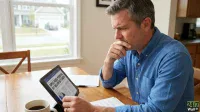 A man with graying hair and a blue button-up shirt sits at a wooden table, looking intently at a tablet. His right hand is positioned near his chin in a thoughtful gesture. The tablet screen shows a news headline: "APPLE FACES POTENTIAL $17 BILLION SETTLEMENT." A white coffee mug is to his left, and several white documents are on the table. In the background, a large window reveals a suburban house and street.