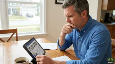 A man with graying hair and a blue button-up shirt sits at a wooden table, looking intently at a tablet. His right hand is positioned near his chin in a thoughtful gesture. The tablet screen shows a news headline: "APPLE FACES POTENTIAL $17 BILLION SETTLEMENT." A white coffee mug is to his left, and several white documents are on the table. In the background, a large window reveals a suburban house and street.