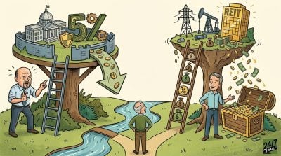 A cartoon illustration showing a retiree at a crossroads between a defensive 5% government-backed fortress and an overflowing treasure chest fueled by high-yield REIT and energy investments.