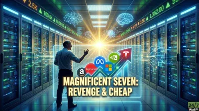 A man stands in a brightly lit, futuristic server room filled with glowing blue and green data racks. He faces a transparent, glowing screen displaying an upward-pointing green arrow adorned with the logos of Amazon (black 'a'), Alphabet (red 'a'), Meta (blue infinity), Microsoft (four squares), Nvidia (green eye), and Tesla (red 'T'). Above, digital brains glow, and stock market tickers show upward trends. The text overlay reads 'MAGNIFICENT SEVEN: REVENGE & CHEAP'. The overall scene is high-tech and symbolizes financial growth.