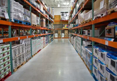 A long, brightly lit aisle inside a large warehouse store extends into the distance. Tall, orange and green industrial metal shelves on both sides are stacked high with numerous white and blue cardboard boxes containing various consumer goods, including microwaves, some resting on wooden and plastic pallets. The concrete floor is clean and reflective, and the ceiling has exposed beams and industrial lighting.