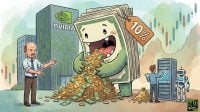 A cartoon of Jim Cramer standing next to a giant cash monster labeled 10% that is eating a pile of money in front of an Nvidia building.
