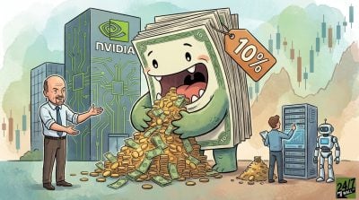 A cartoon of Jim Cramer standing next to a giant cash monster labeled 10% that is eating a pile of money in front of an Nvidia building.