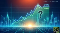 A digital graphic depicts a line chart comparing the stock performance of CRWD (blue line) and PANW (green line) against a glowing, futuristic cityscape with a sunrise. A large black question mark floats in the center, and the top right corner displays '6:33 AM ET - Fri, Sept 18, 2026'. The bottom right features the '24/7 WALL ST' logo.