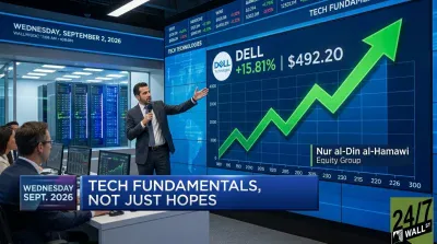 A financial analyst, wearing a suit and holding a microphone, gestures towards a large blue digital screen displaying stock market data. The screen prominently features 'DELL Technologies +15.81% | $492.20' with a large green arrow indicating an upward trend on a line graph. Text on the screen also identifies the presenter as 'Nur al-Din al-Hamawi, Equity Group.' In the foreground, people in business attire are seated, attentively observing the presentation. Behind the presenter, through glass walls, several server racks with blue and green lights are visible, set against a dark ceiling with overhead lighting. A blue banner in the lower left foreground reads 'WEDNESDAY SEPT. 2026' and another across the bottom states 'TECH FUNDAMENTALS, NOT JUST HOPES'. A 24/7 Wall St. logo is in the bottom right.