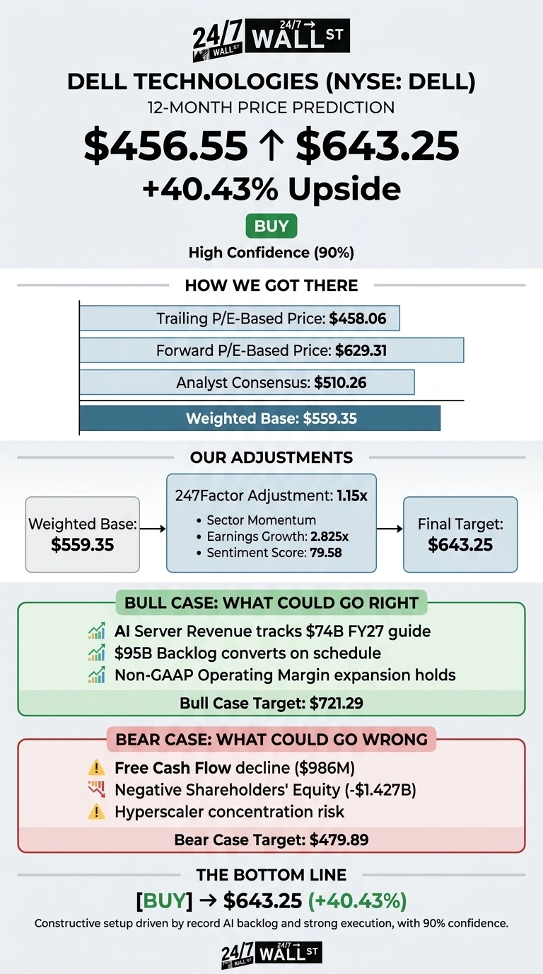 An infographic from 24/7 Wall St. presenting a 12-month price prediction for Dell Technologies (NYSE: DELL). The current price is listed as $456.55, with a target price of $643.25, indicating a +40.43% upside. The recommendation is 'BUY' with 'High Confidence (90%)'. The 'How We Got There' section shows Trailing P/E-Based Price: $458.06, Forward P/E-Based Price: $629.31, and Analyst Consensus: $510.26, leading to a Weighted Base: $559.35. 'Our Adjustments' detail a 247Factor Adjustment: 1.15x, including Sector Momentum, Earnings Growth: 2.825x, and Sentiment Score: 79.58, resulting in a Final Target: $643.25. The 'Bull Case: What Could Go Right' lists AI Server Revenue tracks $74B FY27 guide, $95B Backlog converts on schedule, and Non-GAAP Operating Margin expansion holds, with a Bull Case Target: $721.29. The 'Bear Case: What Could Go Wrong' lists Free Cash Flow decline ($986M), Negative Shareholders' Equity (-$1.427B), and Hyperscaler concentration risk, with a Bear Case Target: $479.89. The bottom line reiterates [BUY] -> $643.25 (+40.43%) and mentions a 'Constructive setup driven by record AI backlog and strong execution, with 90% confidence.'
