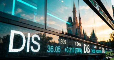 This concept uses the high-contrast reflection of a digital stock interface to create 'visual vibration' between the cold analytical data of the 'DIS' ticker and the iconic silhouette of the park, forcing the viewer to bridge the gap between magic and money.