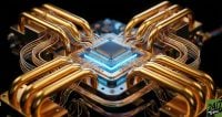 The 'impossible' geometry of quantum hardware combined with high-contrast cyan lighting creates an immediate sense of futuristic breakthrough, stopping users who are interested in the next frontier of tech.