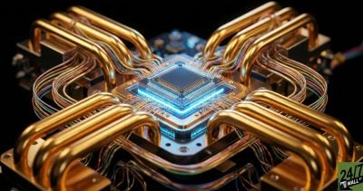 The 'impossible' geometry of quantum hardware combined with high-contrast cyan lighting creates an immediate sense of futuristic breakthrough, stopping users who are interested in the next frontier of tech.