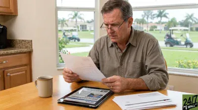 A middle-aged man wearing glasses sits at a light wooden table, holding and reading a white document with a serious expression. To his left is a beige coffee mug, and to his right, a black tablet displays a news article with the headline 'Medicare Fraud Settlement'. A stack of white envelopes is also on the table. In the background, through a large window, a golf course with green grass and palm trees is visible, with two golf carts parked outside.
