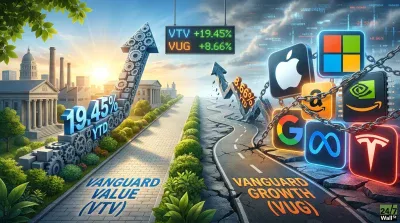 An illustrative image comparing two investment paths. On the left, a steady, upward path made of gears and blocks represents 'Vanguard Value (VTV)' with a prominent '19.45% YTD' marker, leading to classical government-style buildings under a bright sun. On the right, a broken, winding road labeled 'Vanguard Growth (VUG)' features a rising arrow displaying '8.66% YTD' amidst iconic tech company logos (Apple, Microsoft, Amazon, Nvidia, Google, Meta, Tesla) chained together, set against a darker, digitally-coded background. A hanging digital display in the upper center shows 'VTV +19.45%' and 'VUG +8.66%'.
