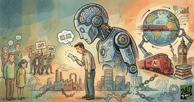 A conceptual art piece showing a giant robot towering over a sad worker, surrounded by symbols of global industry, protest, and economic change.