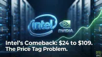 The Intel and Nvidia logos are prominently displayed in the upper center, rendered in shiny metallic blue and silver against a dark blue background. Behind them, a blurred image of blue-lit server racks extends into the distance, with a bright green glowing line arcing upwards from the lower left to the upper right. White text at the bottom reads 'Intel's Comeback: $24 to $109. The Price Tag Problem.' The '24/7 WALL ST' logo is visible in the bottom right corner.