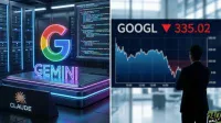 A split image. On the left, a neon-lit 'G GEMINI' logo is displayed on a futuristic platform in a data center, with a 'CLAUDE' sign in the foreground. On the right, a man in a dark suit stands with his back to the viewer, looking at a large screen showing a GOOGL stock chart with a value of 335.02 and a red downward arrow, indicating a significant drop in stock price.