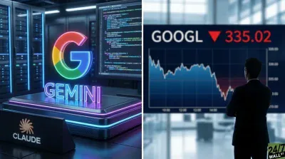 A split image. On the left, a neon-lit 'G GEMINI' logo is displayed on a futuristic platform in a data center, with a 'CLAUDE' sign in the foreground. On the right, a man in a dark suit stands with his back to the viewer, looking at a large screen showing a GOOGL stock chart with a value of 335.02 and a red downward arrow, indicating a significant drop in stock price.