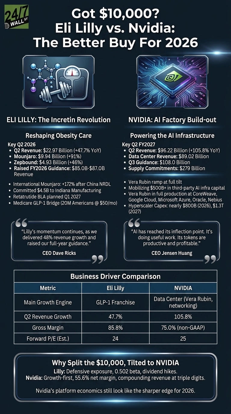 An infographic titled 'Got $10,000? Eli Lilly vs. Nvidia: The Better Buy For 2026'. The top left features a 24/7 Wall St. logo. The layout is divided into two main columns, one for Eli Lilly and one for Nvidia, each with an illustrative icon. Eli Lilly's section, 'The Incretin Revolution', describes 'Reshaping Obesity Care' and lists 'Key Q2 2026' financials including Q2 Revenue $22.97 Billion (+47.7% YoY), Mounjaro $9.94 Billion (+91%), Zepbound $4.93 Billion (+46%), and Raised FY2026 Guidance $85.0B-$87.0B Revenue. It also lists strategic points and a quote from CEO Dave Ricks. Nvidia's section, 'AI Factory Build-out', describes 'Powering the AI Infrastructure' and lists 'Key Q2 FY2027' financials including Q2 Revenue $96.22 Billion (+105.8% YoY), Data Center Revenue $89.02 Billion, Q3 Guidance $108.0 Billion, and Supply Commitments $279 Billion. It also lists strategic points and a quote from CEO Jensen Huang. Below these sections, a table titled 'Business Driver Comparison' compares Eli Lilly and Nvidia across metrics: Main Growth Engine (GLP-1 Franchise vs. Data Center (Vera Rubin, networking)), Q2 Revenue Growth (47.7% vs. 105.8%), Gross Margin (85.8% vs. 75.0% (non-GAAP)), and Forward P/E (Est.) (24 vs. 25). The bottom section is titled 'Why Split the $10,000, Tilted to NVIDIA', stating 'Lilly: Defensive exposure, 0.502 beta, dividend hikes.' and 'Nvidia: Growth-first, 55.6% net margin, compounding revenue at triple digits.' and concludes 'Nvidia's platform economics still look like the sharper edge for 2026.'.